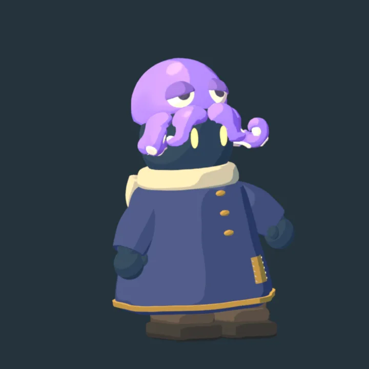 A wizard wearing a lavender octopus hat with sleepy eyes, its tentacles curling over the brim