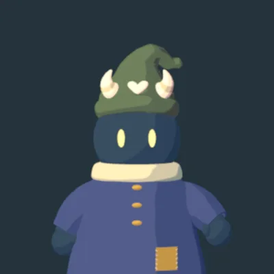 A wizard turning in place in a mossy green wizard hat with stubby goat horns and a small heart on the front