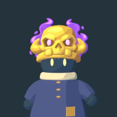 A wizard turning in place in a gold skull hat with glowing pink eyes and violet flames