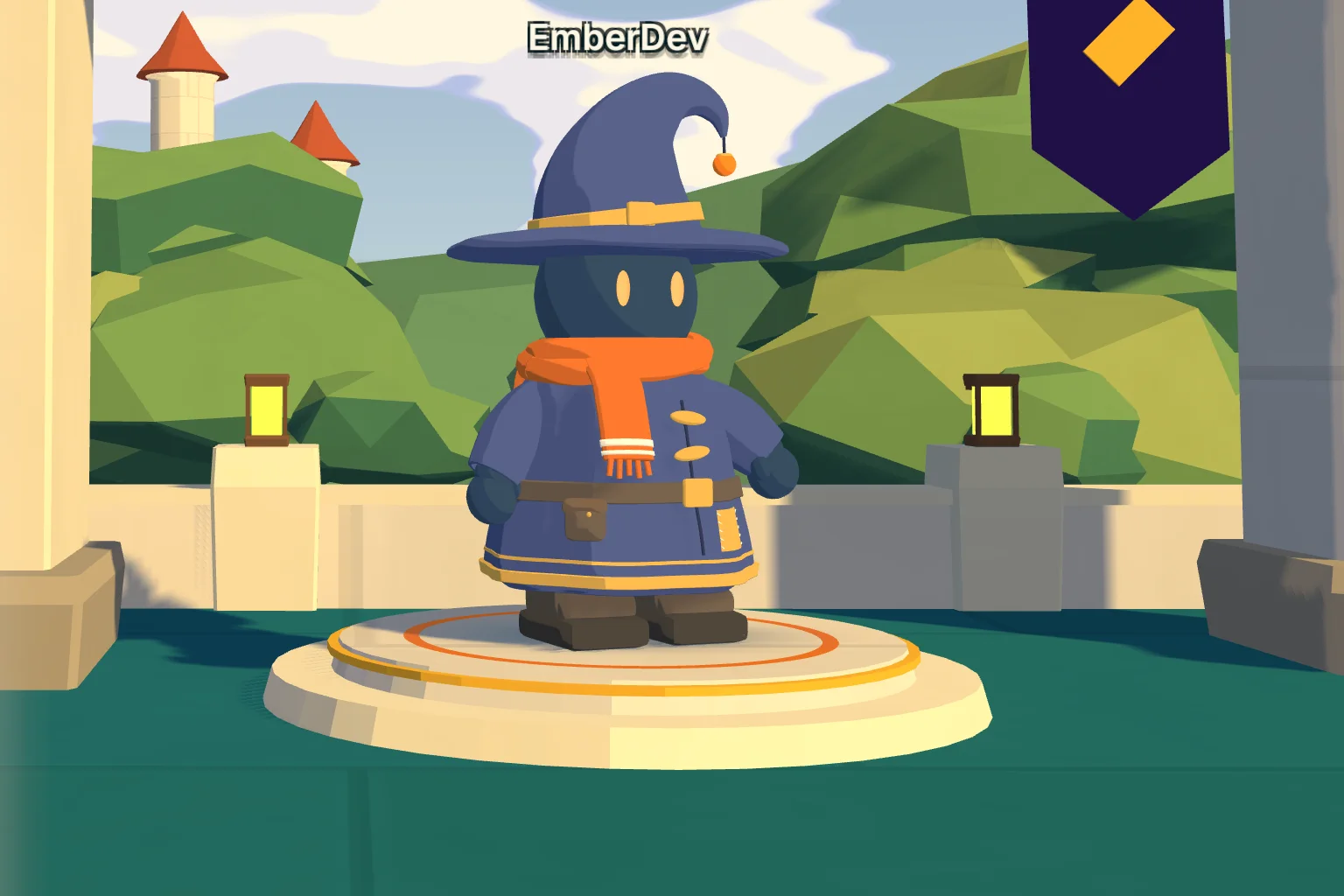 A wizard standing on the stone dais of the Home terrace, with the kingdom’s hills behind